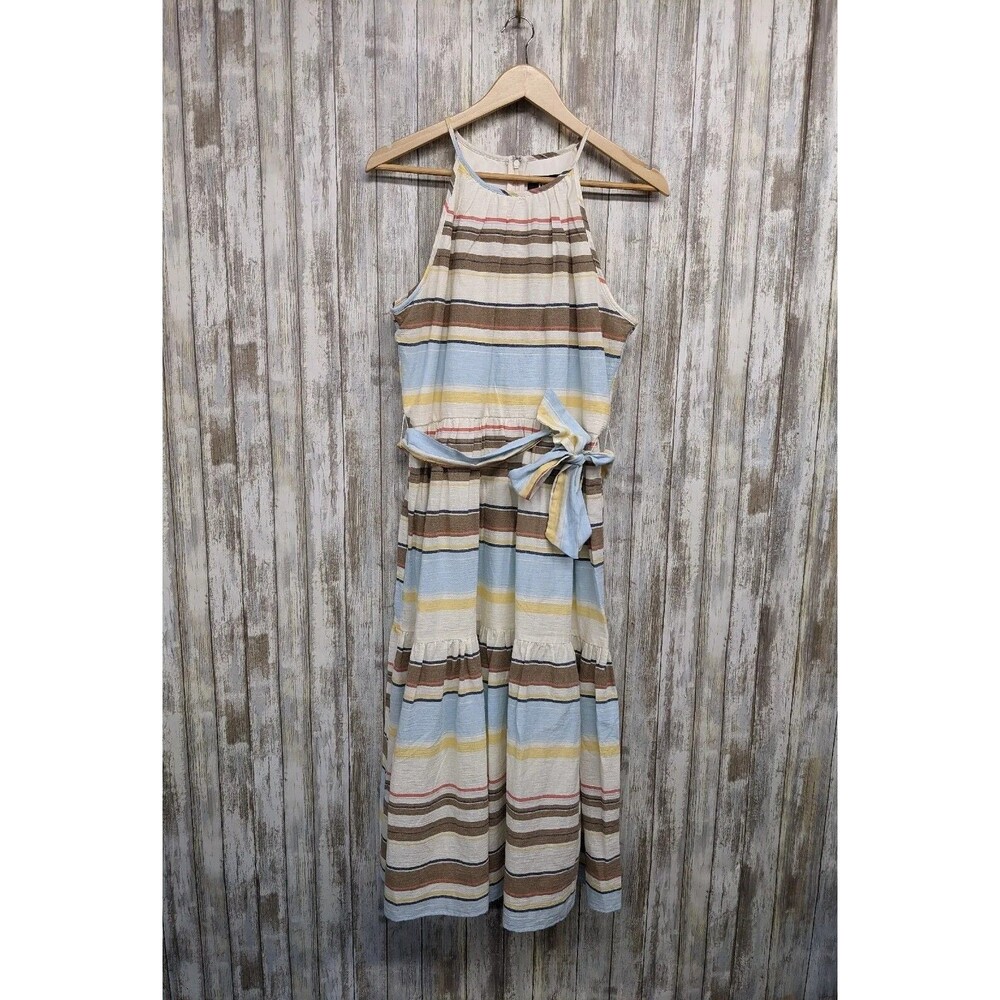 DKNY Cotton Halter-Neck Midi Belt Dress Spring Ivory Multicolor Size 6 NWT $139